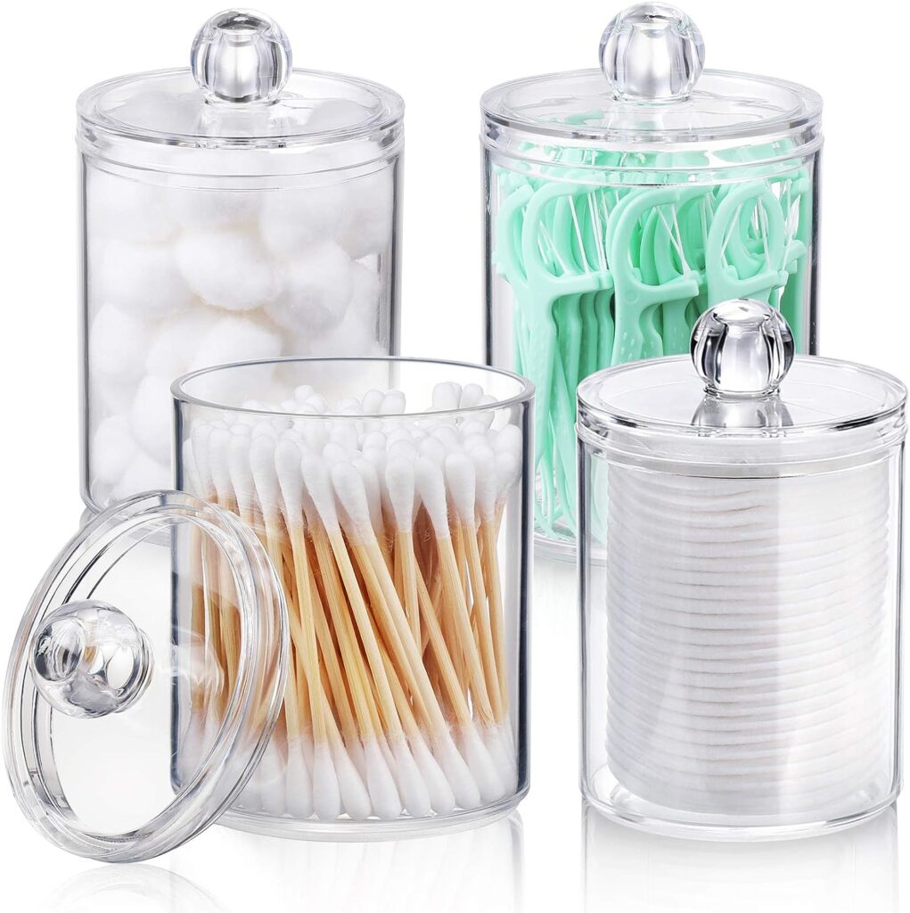 4 PACK Qtip Holder Dispenser for Cotton Ball, Cotton Swab, Cotton Round Pads, Floss Picks - 10 oz Clear Plastic Apothecary Jar Set for Bathroom Canister Storage Organization, Vanity Makeup Organizer