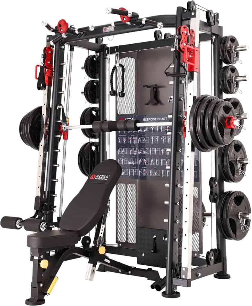 Altas Strength Home Gym Equipment Smith Machine with Pulley System Gym Squat Rack Pull Up Bar Upper Body Strength Training Leg Developer Light Commercial Fitness Equipment Included Accessories 3000Y