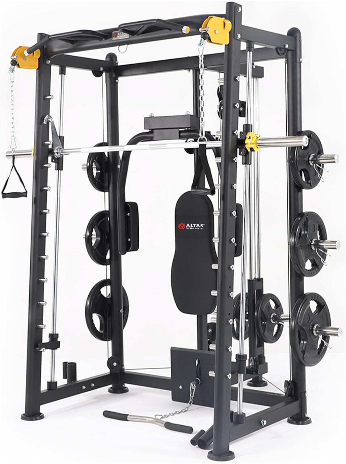 ALTAS STRENGTH Home Gym Equipment Smith Machine with Pulley System Gym Squat Rack Pull Up Bar Upper Body Strength Training Leg Developer Commercial Fitness Equipment Included Accessories 3000
