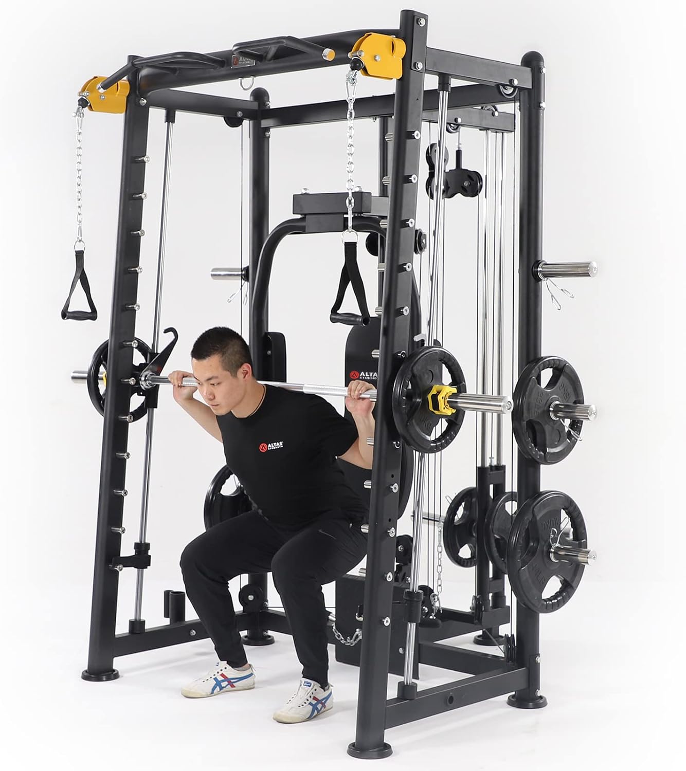 ALTAS STRENGTH Home Gym Equipment Smith Machine with Pulley System Gym Squat Rack Pull Up Bar Upper Body Strength Training Leg Developer Commercial Fitness Equipment Included Accessories 3000