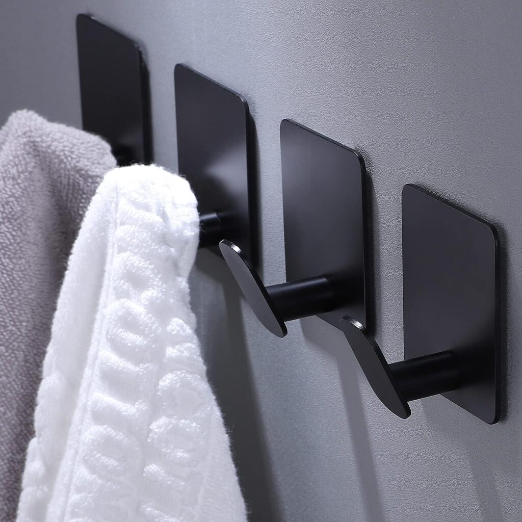 DELITON Adhesive Hooks - 4 Pack Towel/Coat Hooks Wall Hooks Stick on Bathroom or Kitchen (Matte Black, Stainless Steel)