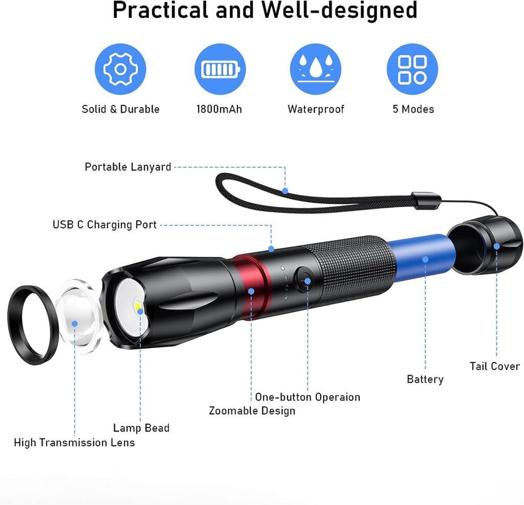Flashlight Rechargeable, Blukar ​High Lumens Handheld Flashlight with 5 Modes, Adjustable Focus, IPX6 Waterproof, Lightweight Flash Light for Camping, Running, Outdoors, Emergency -Black