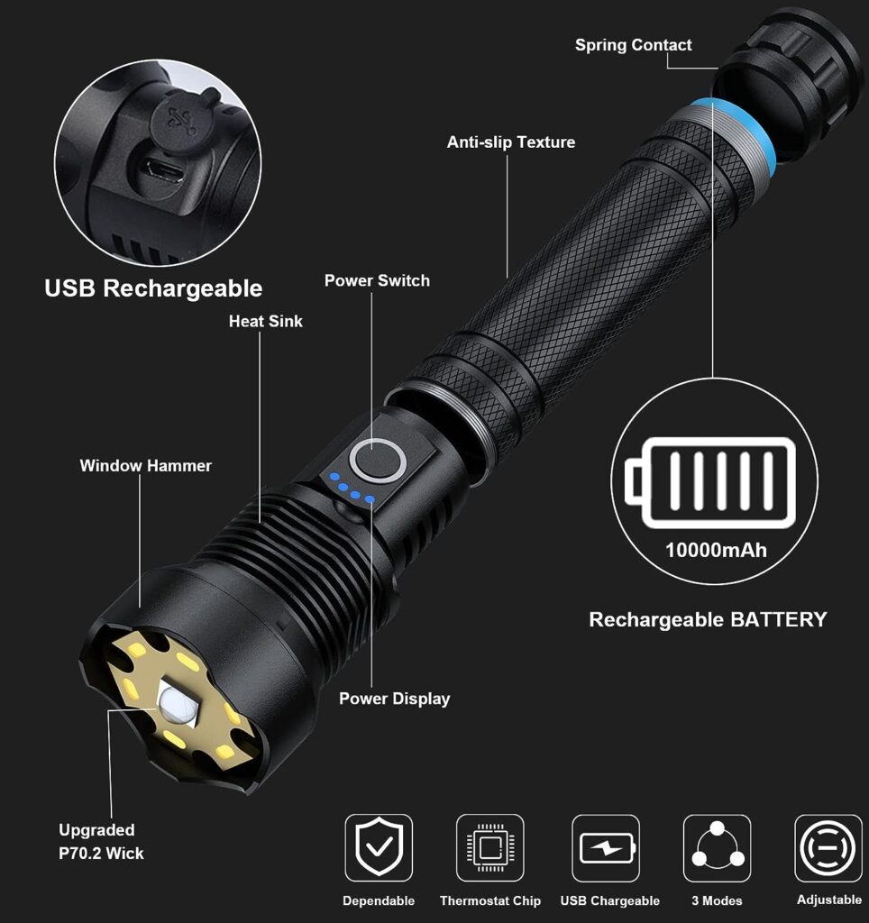 LED Rechargeable Flashlight, 190000 High Lumens Super Bright Flashlight with ΒATTERY  USB Cable, Waterproof Handheld Powerful Flashlight with 3 Modes for Camping Emergency Reading