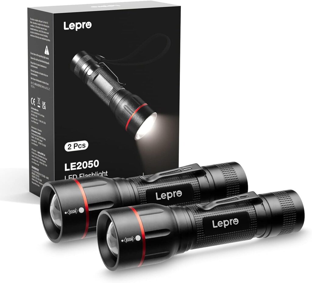 Lepro Tactical Flashlight with Clip, LE2050 High Lumen Super Bright Led Flashlight, with 5 Lighting Modes, Zoomable, Water Resistance, Powered by 3 AAA Batteries, for Camping Outdoor Emergency 2-Pack