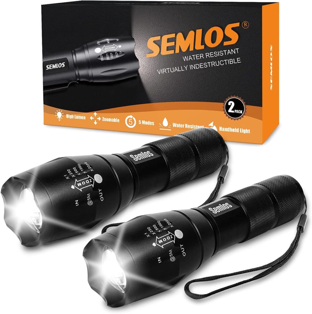 Semlos LED Flashlight, XML T6 Ultra Bright Handheld Flashlight, Pocket Flashlight High Lumens, 5 Modes, Zoomable, Waterproof Camping Light for Outdoor, Emergency (2 Pack)