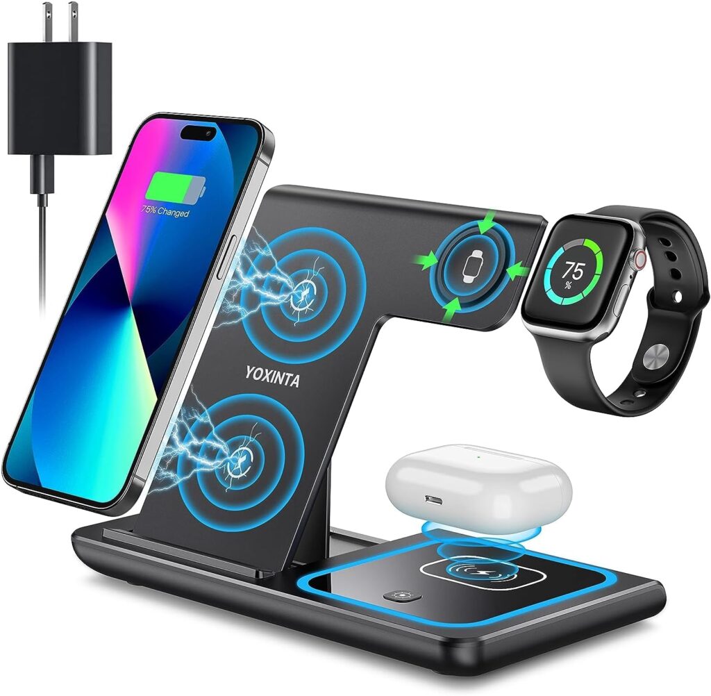 Wireless Charger, 3 in 1 Wireless Charging Station, Fast Wireless Charger Stand for iPhone 14/13/12/11/Pro/Max/XS/XR/X/8/Plus, for Apple Watch 8/7/6/5/4/3/2/SE, for AirPods 3/2/Pro(Black)