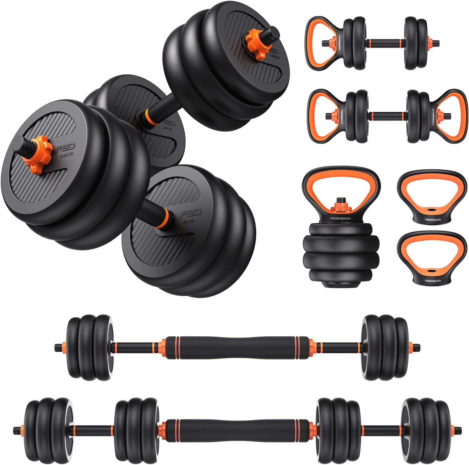 FEIERDUN Adjustable Dumbbells, 50/90lbs Free Weight Set with Connector, 4 in1 Dumbbells Set Used as Barbell, Kettlebells, Push up Stand, Fitness Exercises for Home Gym Suitable Men/Women