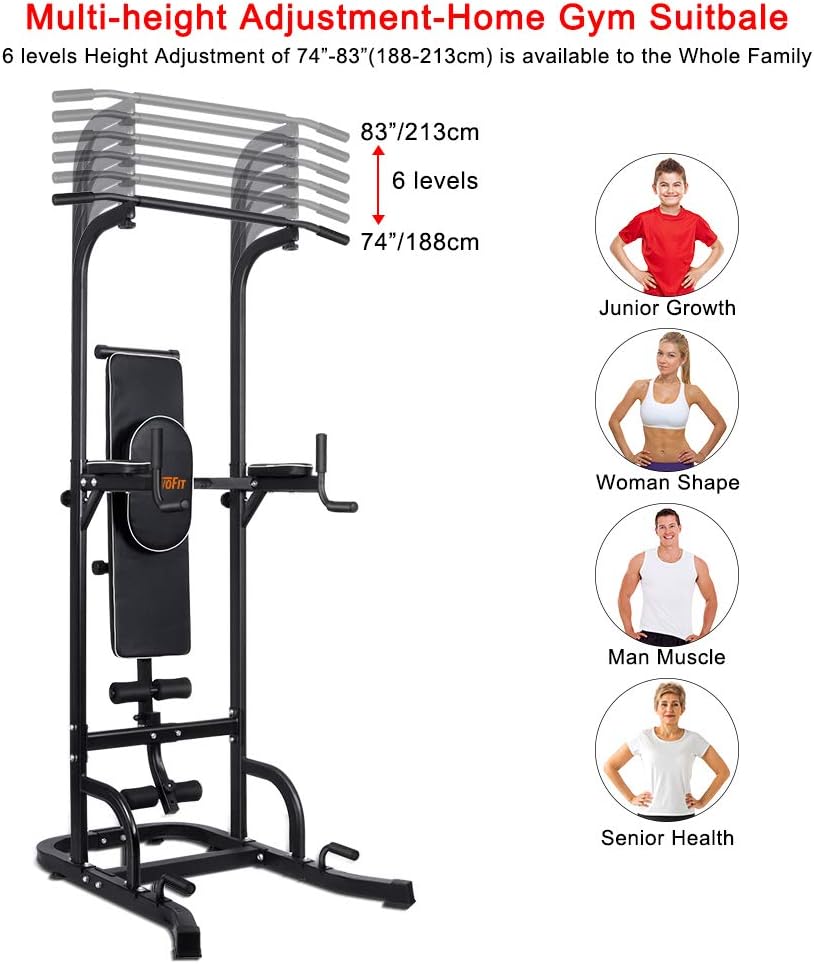 OneTwoFit Multi-Function Power Tower with Sit Up Bench,Adjustable Height Pull Up Tower Heavy Duty Dip Station Fitness Equipment for Home Gym Supports to 330 Lbs（150kg） OT127