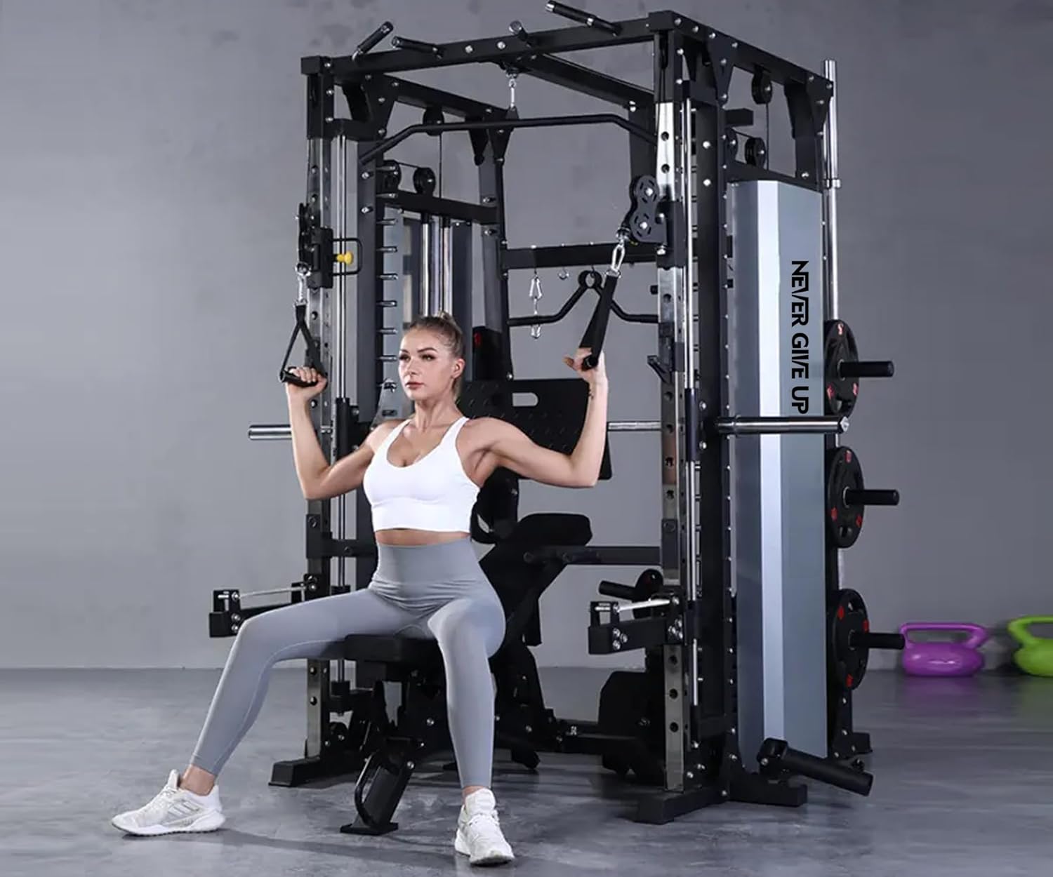 Power Plus Fitness Smith Machine with Leg Press Multifunctional Squat Rack Adjustable Pulley Home Gym Power Cage All in One Exercise Equipment