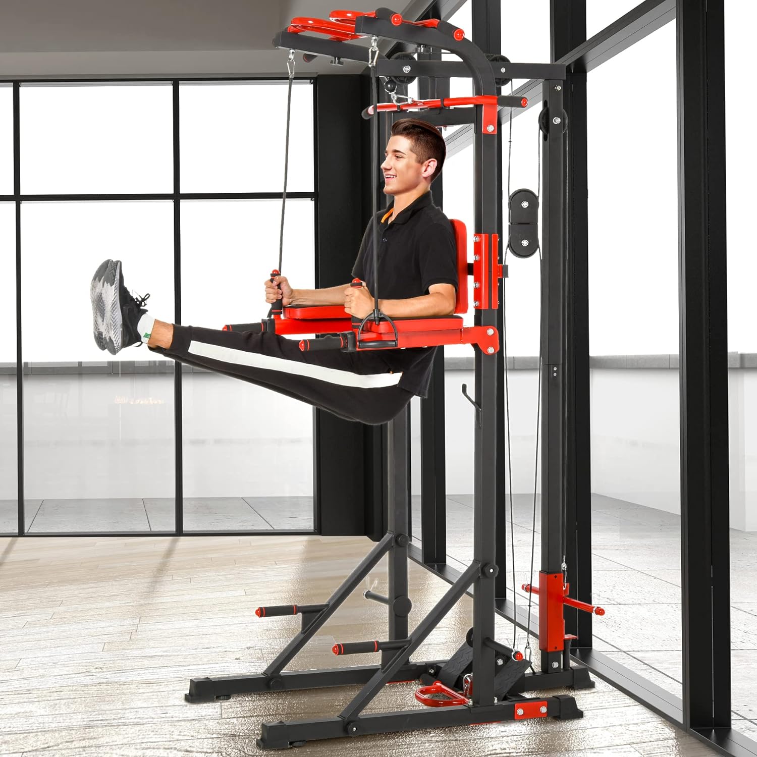 Soozier Power Tower, Pull Up Station with Dip Bar, LAT Pulldown Machine and Push-up Stand, Multi-Function Free Standing Pullup Bar for Home Gym