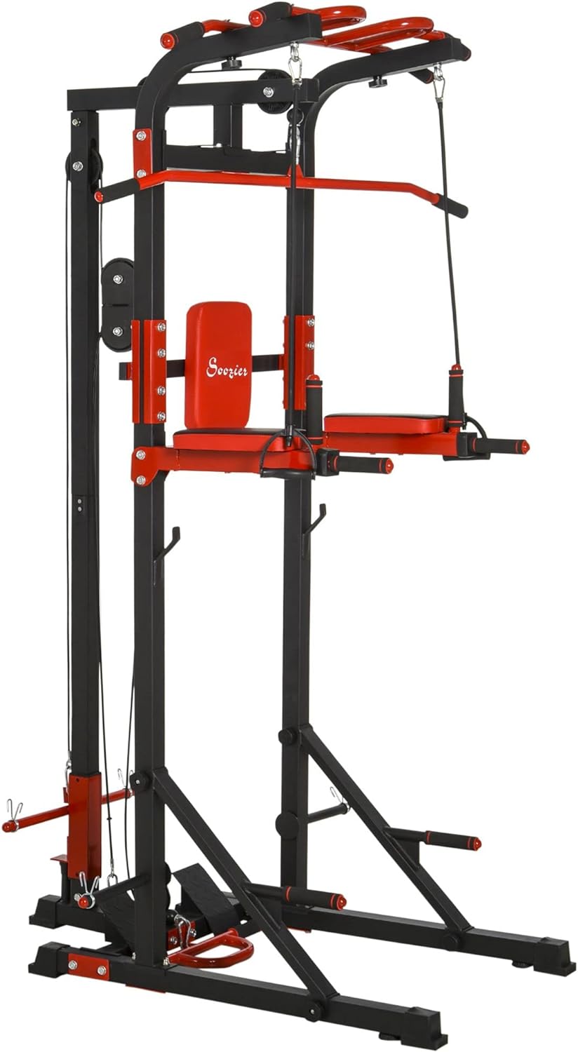 Soozier Power Tower, Pull Up Station with Dip Bar, LAT Pulldown Machine and Push-up Stand, Multi-Function Free Standing Pullup Bar for Home Gym