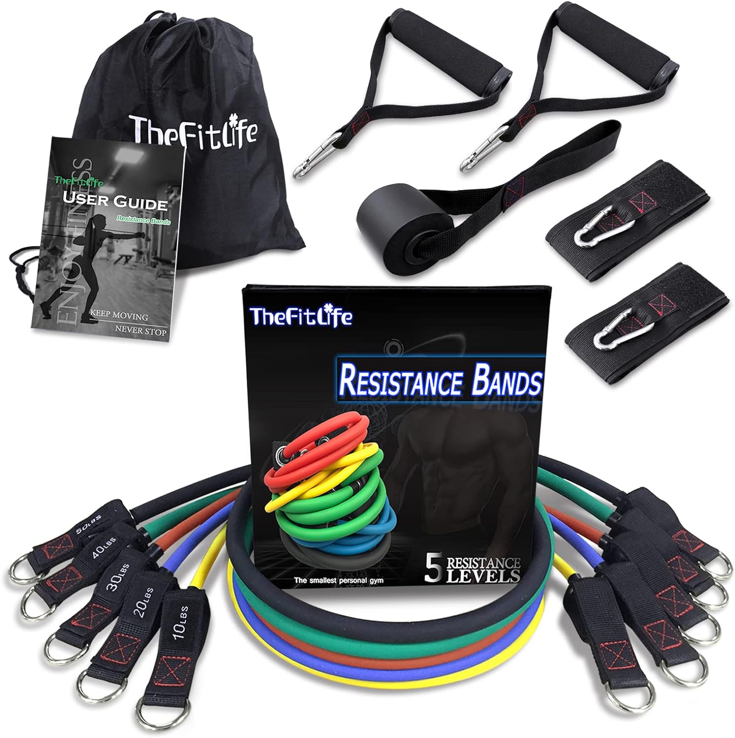 TheFitLife Exercise and Resistance Bands Set - 5 Fitness stackable up to 110/150/200/250/300 lbs Workout Tubes for Indoor and Outdoor Sports, Fitness, Suspension, Speed Strength, Baseball Softball Training, Home Gym, Yoga